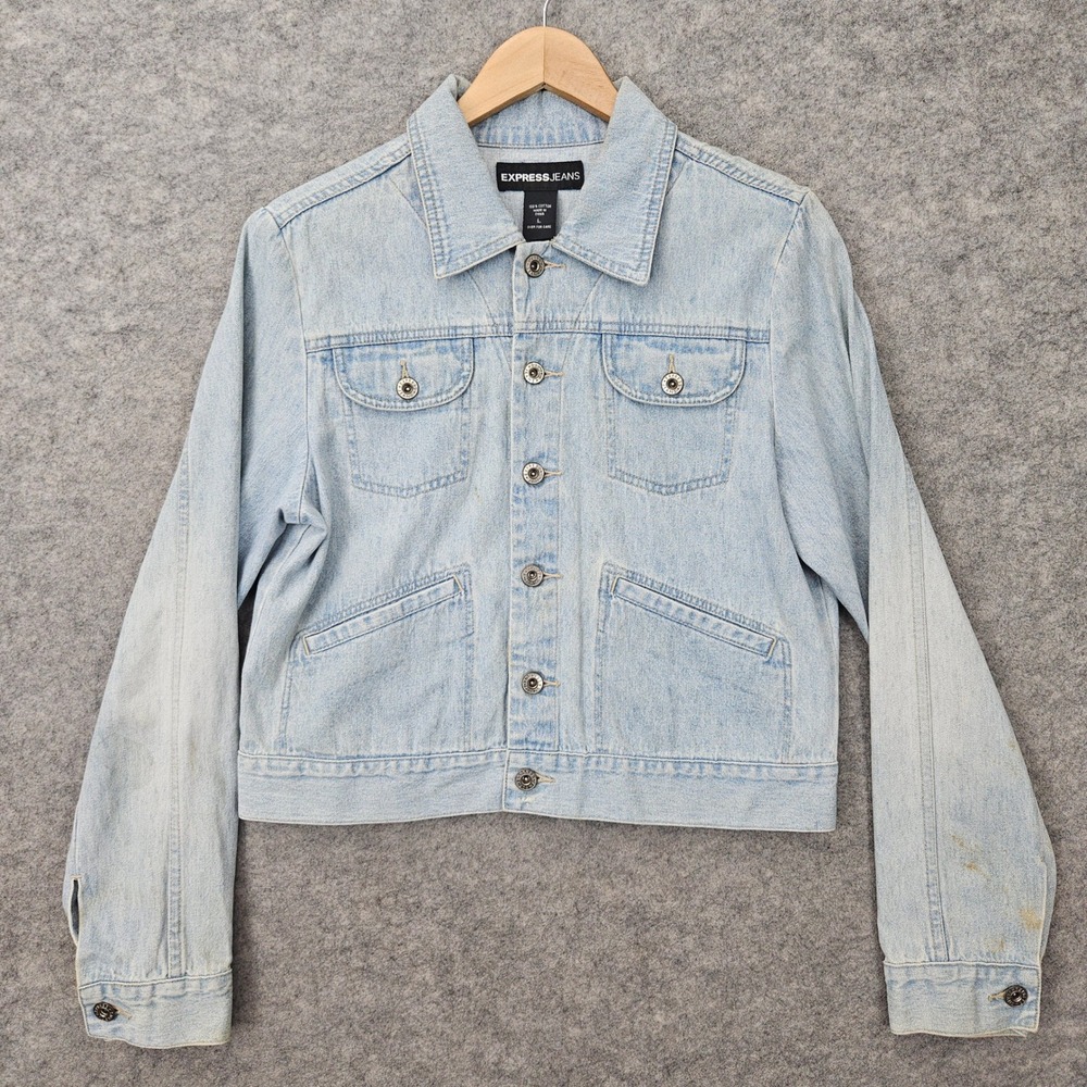 Express Jeans Women's Light Wash Denim Jacket Size L 100% Cotton Flower Detail‎
